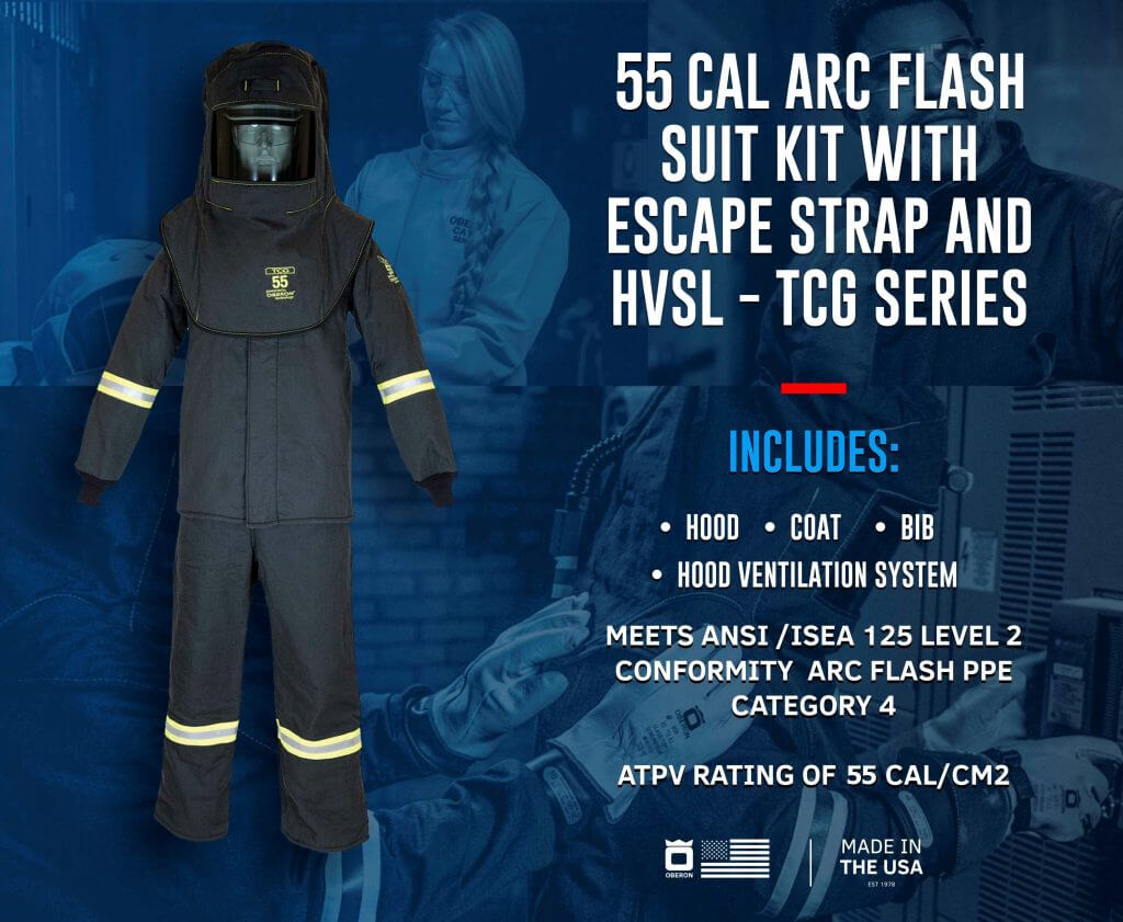 55 Cal TCG™ Deluxe Arc Flash Suit Kit (Hood, Coat with Escape Strap and Bib-Overall with 26″ Leg Zippers)